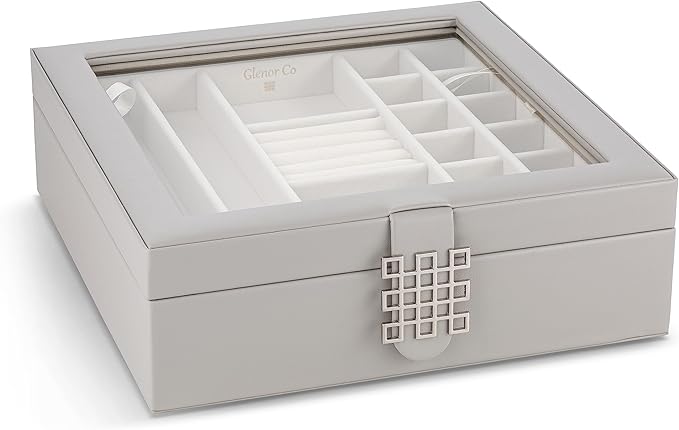 Glenor Co 28 Section Jewelry Box - 2 Layer - Buckle Snap & Magnet Closure - Large Glass Top - Leather Design - Grey - Jewelry Organizer for Women & Girls - for Earring Ring Necklace & Bracelet