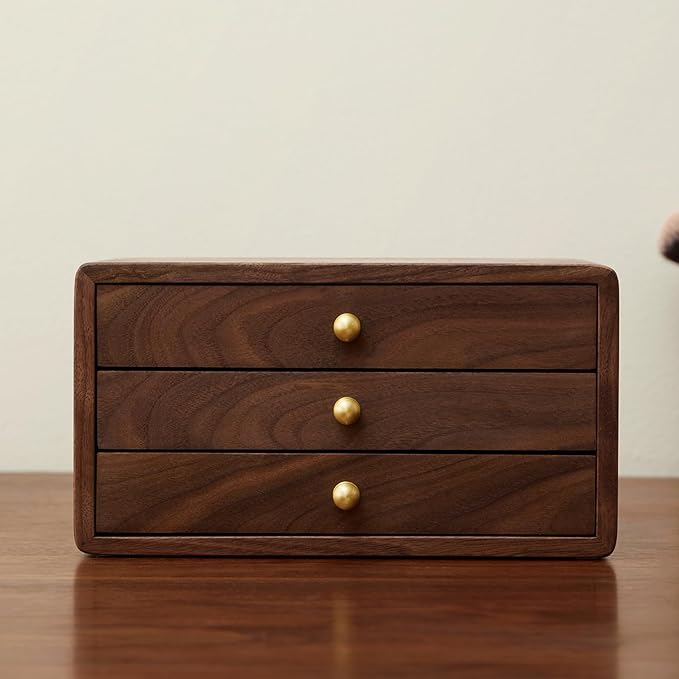 Wooden Jewelry Box for Women & Men, Large Velvet Lined Organizer with 3 Drawers, Solid Black Walnut Wood & Brass Handles, Earring Ring Necklace Storage Box