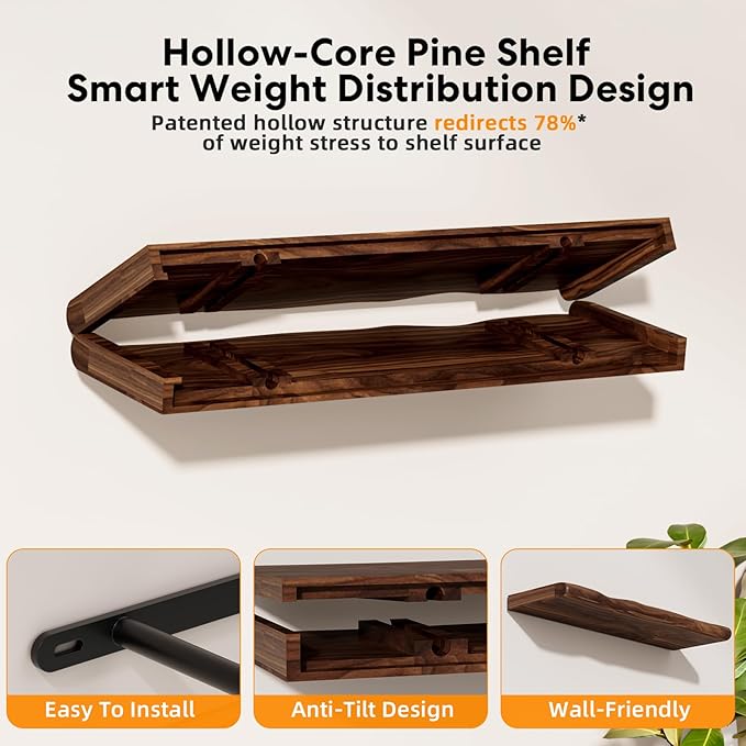 Solid Wood Live Edge Floating Shelves Set of 2 – 24" Rustic Wall Shelf with Hidden Bracket System, Wall Mounted Shelves for Bathroom, Kitchen, Living Room, Bedroom (Walnut)