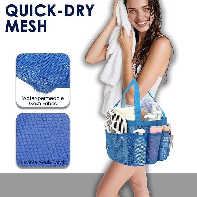GYEUKHAM Large Mesh Shower Caddy Portable with 8-Pocket for College Dorm Room Essentials,Quick-Dry Handing Shower Basket Tote Bag for Toiletry, Bathroom,Beach,Camp,Gym,Blue
