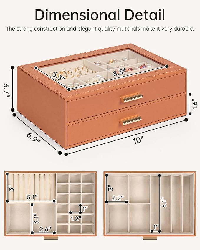 AKOZLIN Jewelry Box with Clear Lid Functional Leather Jewelry Storage Organizer Case 2 Drawers for Women Girls Necklace Ring Bracelet Earring