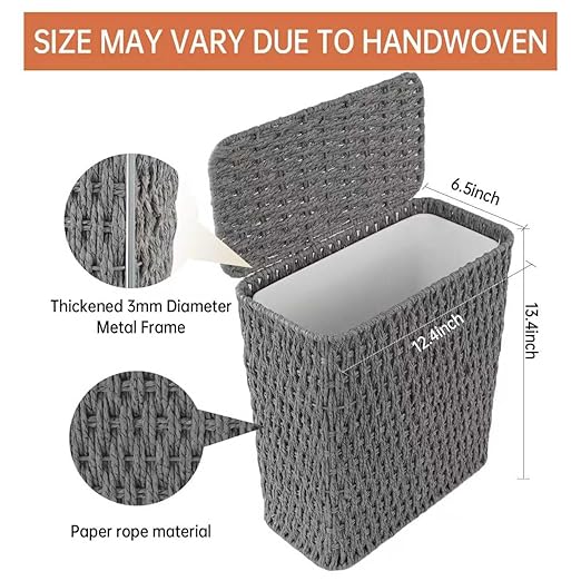 Coeusy 3 Gallon Paper Rope Bathroom Trash Can,Small Wicker Trash Cans with Lid and Liner,Woven Rattan Narrow Waste Basket for Bedroom,Office,Grey