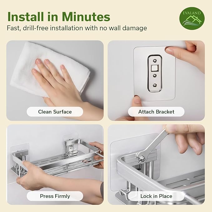 EVALAND Shower Caddy Adhesive 2-Pack with Hooks and Rod for Towels, Silver – Premium Bathroom Shower Shelves, Shampoo Organizer, Bathtub Shelf, Rustproof, Easy Installation, Sturdy Modern Look
