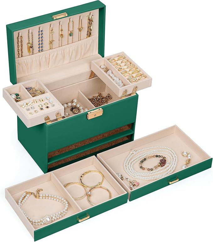AKOZLIN Travel Jewelry Box Organizer Functional 2-trays Leather Jewelry Storage Case with Lockable Portable 2 Drawers for Women Girls Ring Necklace Earring Bracelet