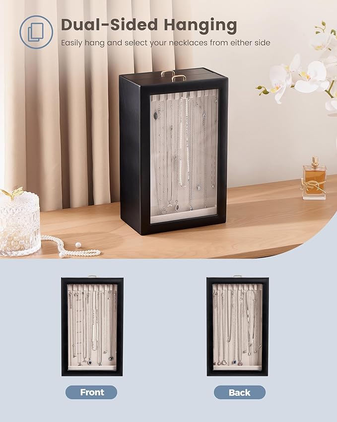 Lolalet Upgraded Double-Sided Hanging Necklace Organizer Box, Jewelry Display Case with Double-Sided Clear Window for Necklaces Bracelets, Tangle-Free Necklace Storage Box, Mothers Day Gift