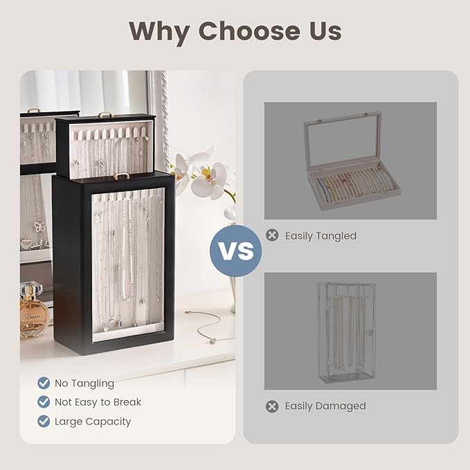 Lolalet Upgraded Double-Sided Hanging Necklace Organizer Box, Jewelry Display Case with Double-Sided Clear Window for Necklaces Bracelets, Tangle-Free Necklace Storage Box, Mothers Day Gift