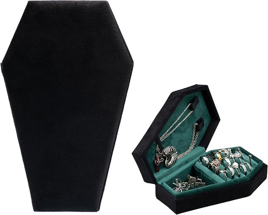 Velvet Coffin Jewelry Travel Case Holder for Gothic Wedding Ceremony Jewelry Organizer Decoration (Black and Green)