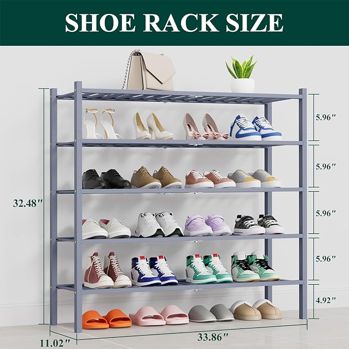 Smiry Shoe Rack, 5 Tier Thick Long Bamboo Shoe Organizer, Stackable Free Standing Wooden Shoe Storage Shelf for Closet, Entryway, Front Door Entrance, Grey