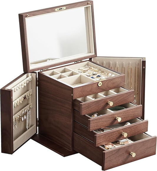 CHOSIN Black Walnut Wooden Jewelry Box for Women with Mirror, 5 Drawers and 2 Side Doors for Watches, Necklaces, Rings, Earrings Storage, Mothers Day Gifts for Mom