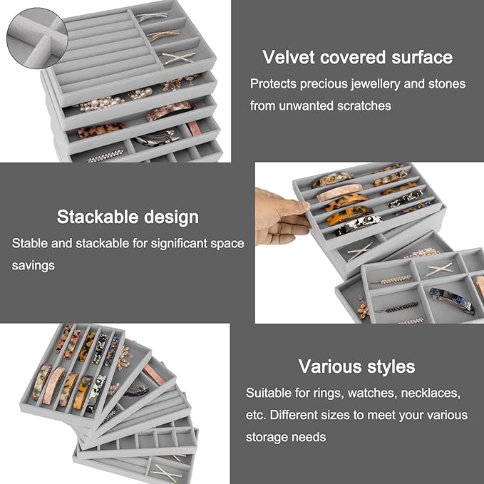 12Pcs Velvet Stackable Jewelry Trays, Jewelry Drawer Organizer, Large Removable Display Jewelry Tray, Necklace Bracelet Storage Box for Earring, Ring, Brooch, Watch (Grey)