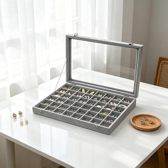 Stratalife Jewelry Organizer 48 Grid Jewelry Trays with Dust-proof Lid Velvet Earring Organizer Ring Holder Accessories Box Necklaces Earrings Storage for Women Drawers Gray
