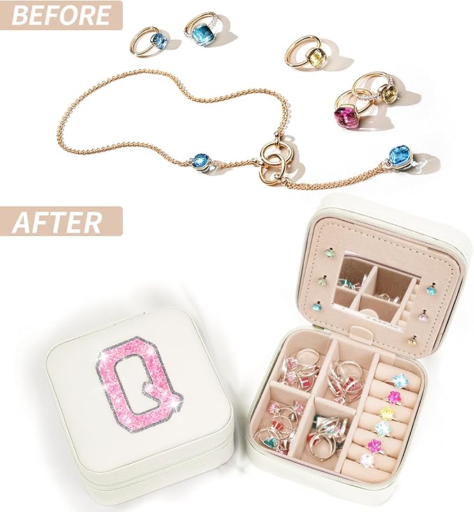 Uygafly Personalized Jewelry Case for Women Girls - Fashion Mini Jewelry Boxes - Trendy Travel Jewelry Organizer with Initials Letter - Teen Gifts | Cream,Q