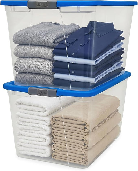 HOMZ 2-Pack Secure Latch, Clear Plastic Storage Organizer Bins, 64 Quart, Blue Lid - Stackable Container Boxes for Bedroom, Bathroom, Garage, and Office Organization