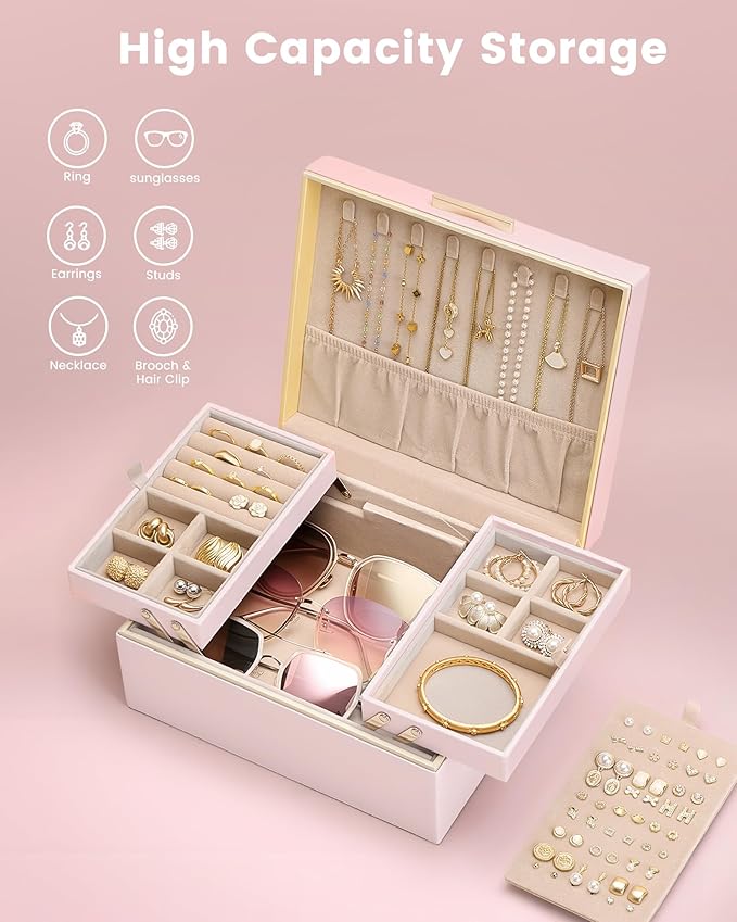 Lolalet Jewelry Box Organizer for Women Girls, 2 Layer Jewelry Organizers and Storage for Necklace Earrings Rings Bracelets, Large Jewellery Holder Case Birthday Mothers Day Gifts -Pink