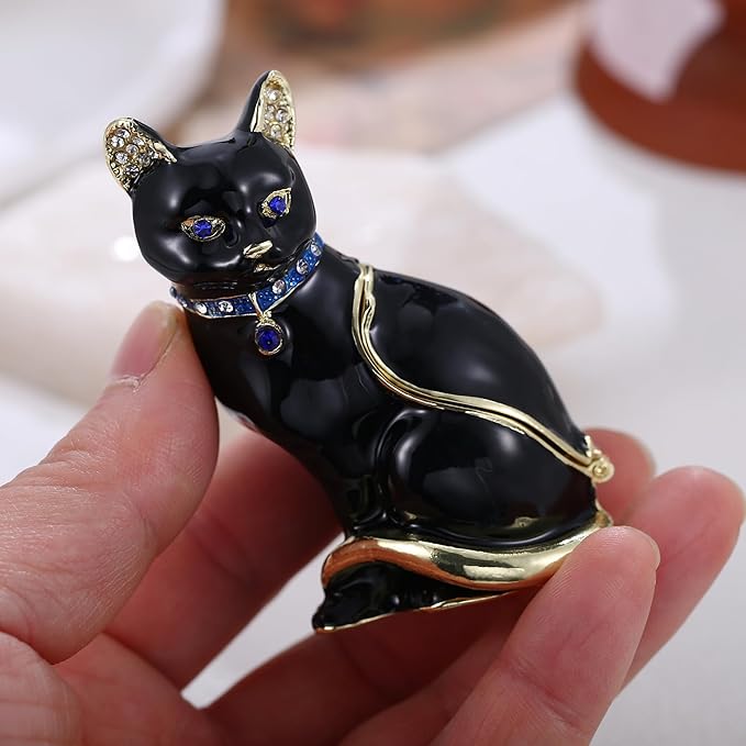 Hand Painted Animal Trinket Box for Home Decor, Hinged Jewelry Organizer Storage, Unique Personalized Collectible Keepsake Figurine Handmade Decorative Ornament Gifts (Black Cat)