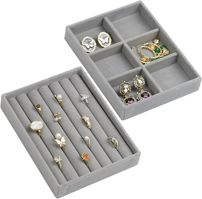 Fordonral Velvet Jewelry Organizer Box, Jewelry Drawer Organizers Trays, Earring Ring Necklace Holder Display Case (Gray, Ring+6 Grid Trays)