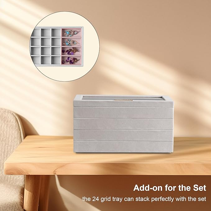 Frebeauty 24 Grid Earring Holder Organizer Tray, Jewelry Organizers and Storage for Drawer,Velvet Jewelry Display Storage for Earrings,Rings,Studs,10.5 x 6.5 x 1.2 Inches Gift for Women (Grey)