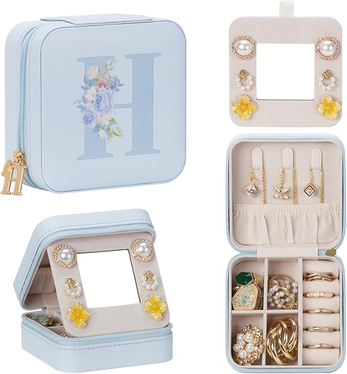 Enthralite Travel Jewelry Box for Gift: Traveling Jewelry Case for Girls Women - Mini Organizer for Necklaces Earrings Blue H