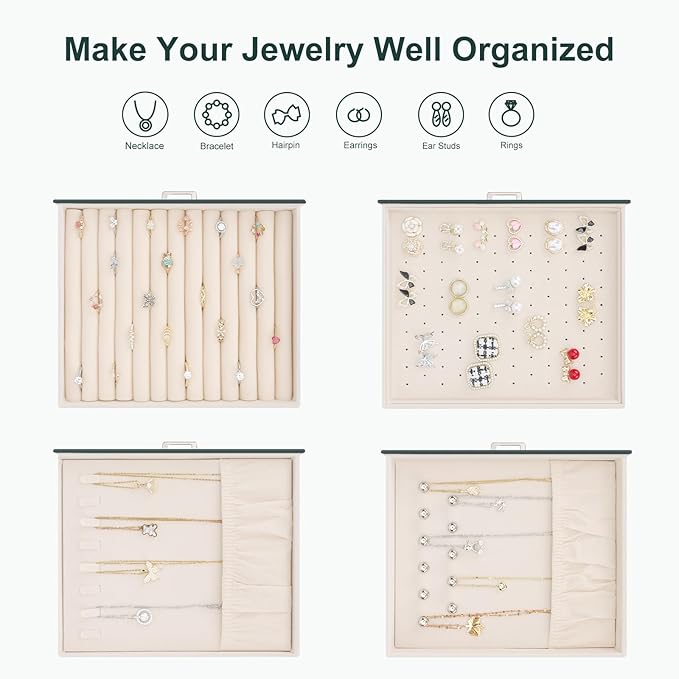 DesignSter Jewelry Box Organizer, Jewelry Box for Women, PU Jewelry Organizer Display Case with Side Drawers, Jewelry Storage for Earring Necklace Ring Bracelet Watch