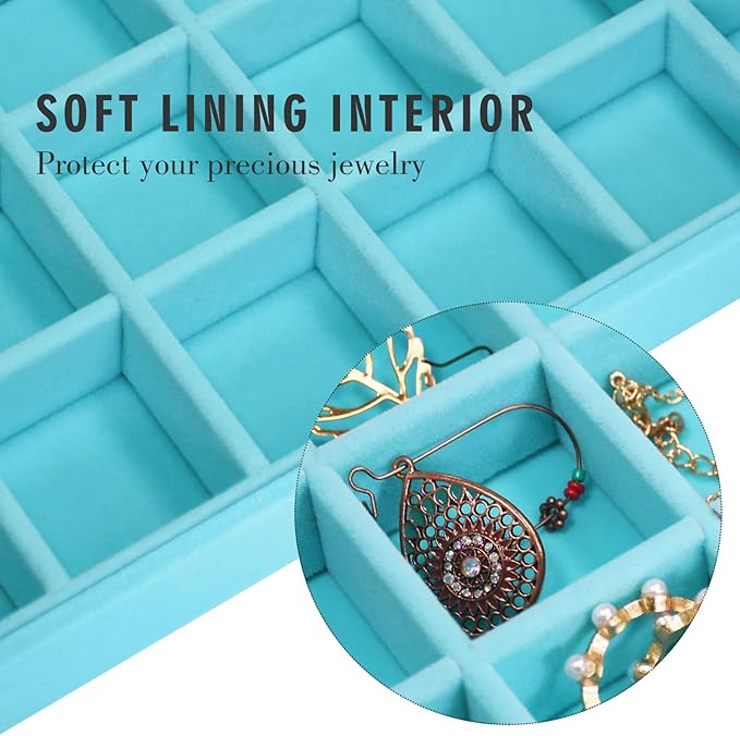 Siveit Velvet Jewelry Tray 48 Grid Jewelry Display Tray Organizer Box with Transparent Lid Rings Earrings Necklaces Pendants Display Box Suitable for Women and Girls (Light Blue)