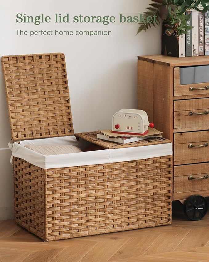 SETVSON Storage Basket with Lid Rattan Storage Basket with 2 Separate Lid, 27.8 Gallon (105 L) 25.2 * 15.4 * 16.1 Inches Woven Wicker Baskets with 2 Liners and Handles for Bedroom Laundry-Natural