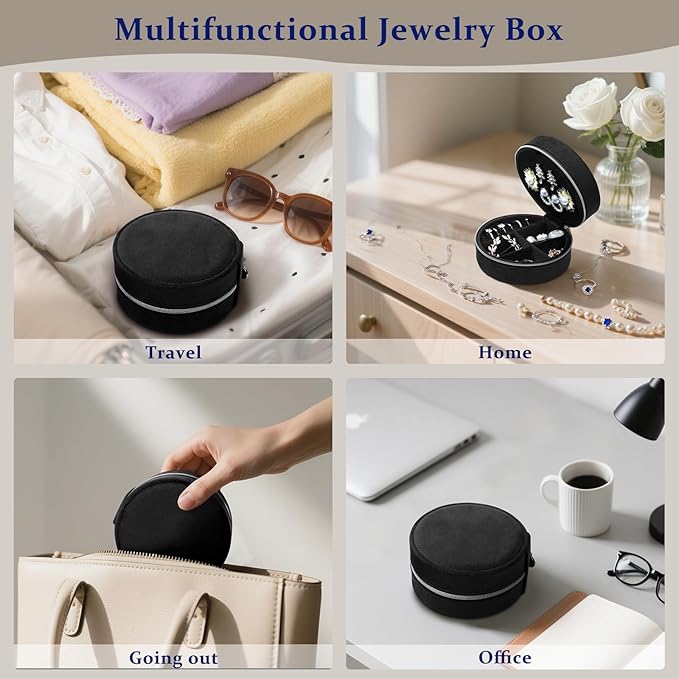 CONBOLA Travel Jewelry Case Small Jewelry Box for Women Girls,Round Velvet Jewelry Travel Organizer,Portable Jewelry Box for Rings Earrings Necklaces Bracelets.(Black,Large)