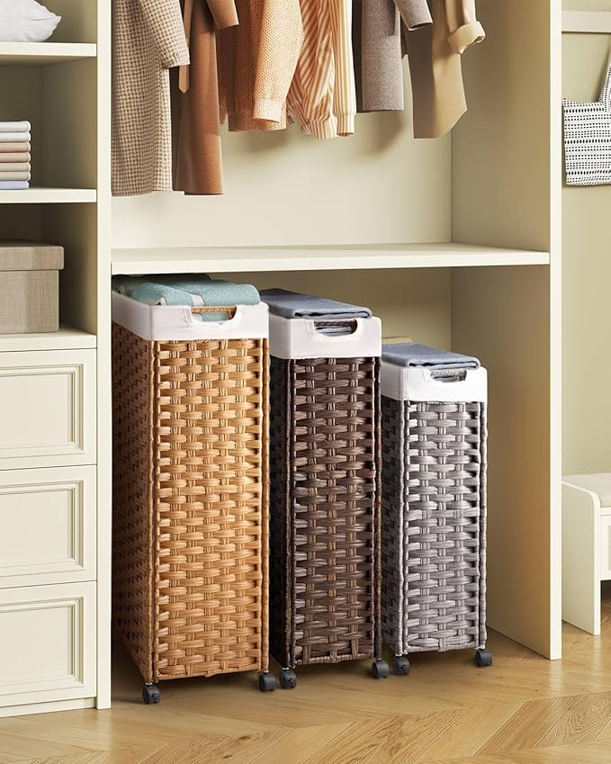 Greenstell Laundry Hamper with Wheels, 11.9 Gallon (45L) Small Clothes Hamper with 2 Removable Liner Bags & 2 Mesh Bags, Slim Rattan Laundry Basket for Bathroom, Bedroom, Grey
