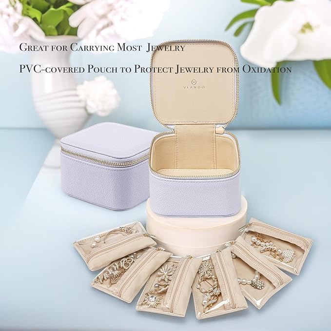 VLANDO Travel Jewelry Box Organizer – Portable PU Leather Jewelry Case with 6/8/12 Zippered Pouches, Compact Storage for Earrings Rings Necklaces Bracelets, Lilac Purple