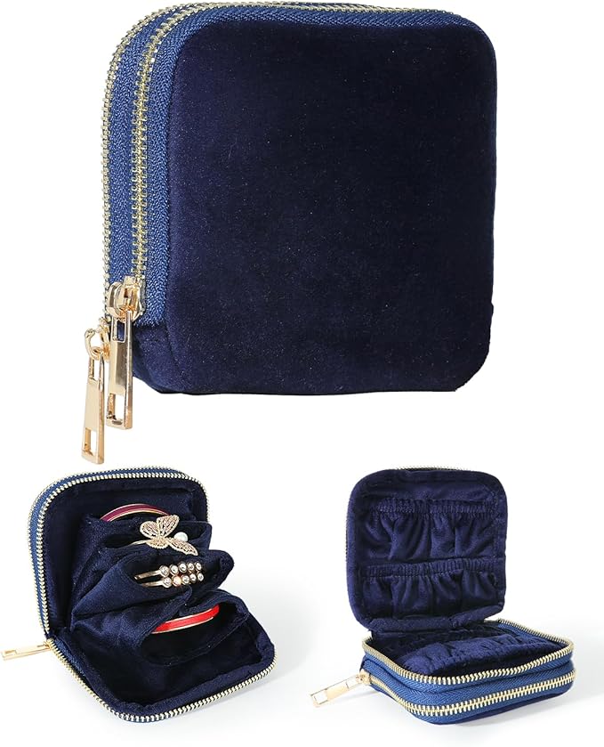 COOLYOUTH Travel Jewelry Case Organizer for Women Portable Jewelry Box with Small Pouches Mini Jewelry Bag for Rings, Bracelets, & Bangles with Smooth Metal Zipper (Navy Blue)