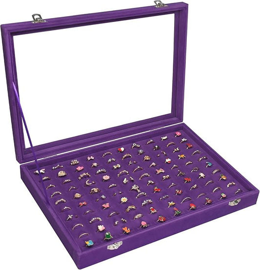 Vicoter Rings Organizer Tray 100 Slot Velvet Ring Earring Storage Box TranSparent Cover Jewelry Store Ring Display Box Jewelry Display Cabinet for Girl Wife Mother