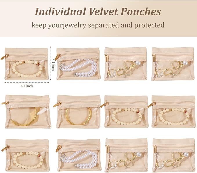 Travel Jewelry Organizer, Travel Jewelry Box with 12 Velvet Zipped Pouches Bags for Jewelries Necklaces Rings Earrings Sorting Storage for Women Girl Gifts, Mint Green