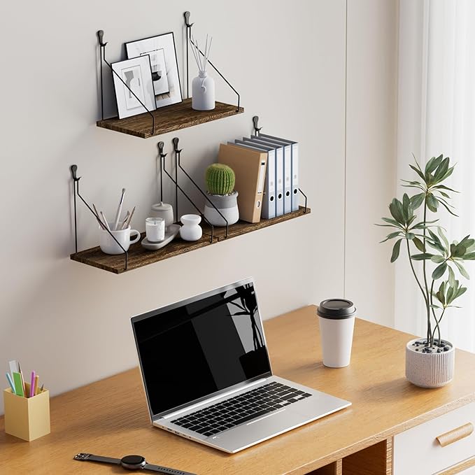 QsQueen Elevate Your Space with Rustic Wood Floating Shelves Set of 3- Perfect for Bedroom, Living Room, Bathroom, and Kitchen Decor - Easy Installation, No Drilling Needed! Brown