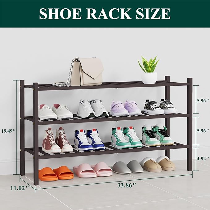 Smiry Shoe Rack, 3 Tier Thick Long Bamboo Shoe Organizer, Stackable Free Standing Wooden Shoe Storage Shelf for Closet, Entryway, Front Door Entrance, Brown