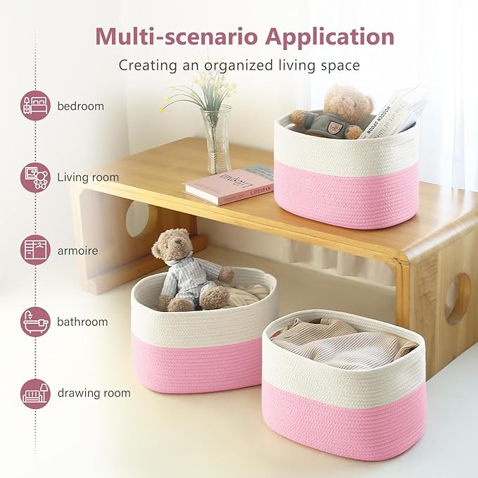 ECDYQXVU Cotton Rope Shelf Storage Basket, 15x10x9 in, Shelf Storage Baskets for Clothes, Towels, Books, Laundry (White/ Pink, 1 Pack)