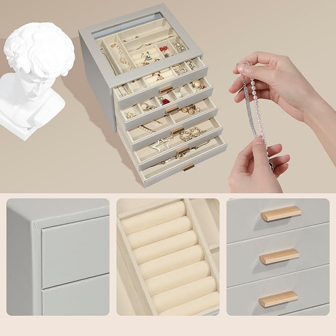 Jewelry Box with Glass Lid, 5-Layer Jewelry Organizer for Women Girls, PU Leather Display Case with 20-Grid Earring Tray & Movable Dividers for Necklaces Rings,Grey