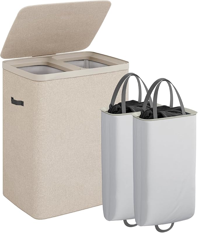 CASAMAYA Laundry Basket with Lid, Laundry Hamper 2 Section, 170L collapsible Laundry Organizer, Easy Assembly, with Handles and Removable Liners, 22 x 15.7 x 29.5 Inches, Beige JSP903M