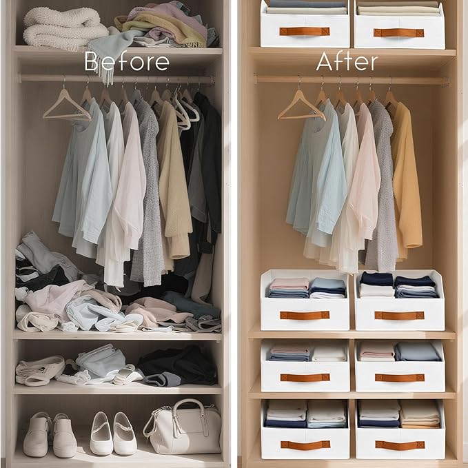 Homsorout Fabric Storage Bins for Organizing - 12 Pack Large Trapezoid Collapsible Storage Bins with Front Handle, Closet Organizers and Storage for Bedroom, Home Shelves, Small Spaces, White