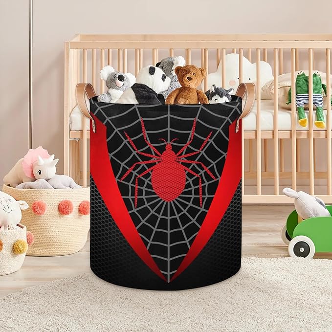 Black Spider Web Large Laundry Hamper Basket, Round Collapsible Storage Organizer Bin for Kids, Boys, Nursery, Closet, Bedroom, Playroom, Toys, Dirty Clothes, 16" W x 20" H