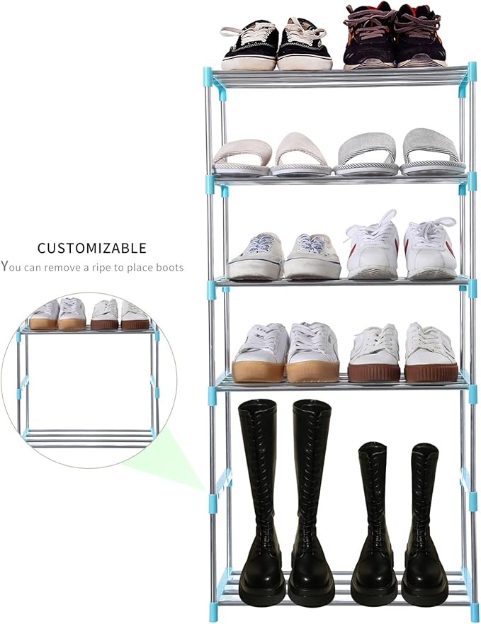 Jucaifu Stackable Small Shoe Rack, Entryway, Hallway and Closet Space Saving Storage and Organization (3-Tier, Blue)