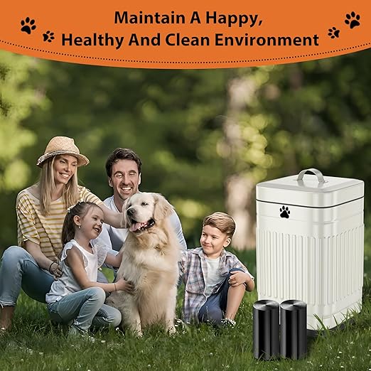 Dog Poop Trash Can Outside, 5L/1.3Gal Metal Dog Waste Trash Can with Lid, Foot Pedal, Pet Waste Container with 40 Bags, Poop Bucket with Lid Soft Close for Pet, White