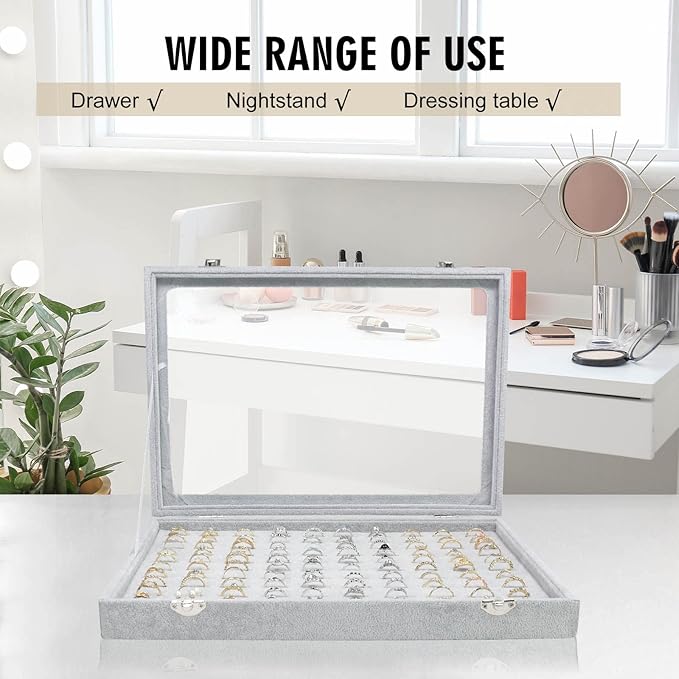 Siveit Ring Display Case Organizer Box with Transparent Lid 100 Slot Holder Showcase For Store Display Jewelry Show Home Organizer For Jewelry Rings Studs Earrings (Grey)