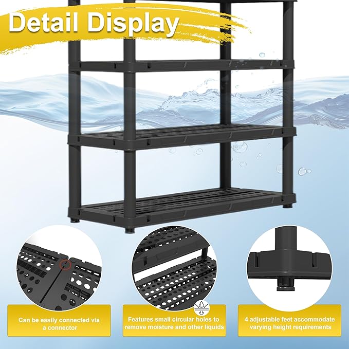 72”H Plastic Garage Storage Shelves,5-Tier Heavy Duty Plastic Shelving,700LBS Plastic Shelving Units Free Standing,for Home,Garage,Basement, Laundry,Black,16.93" Dx35.43 Wx72.44 H