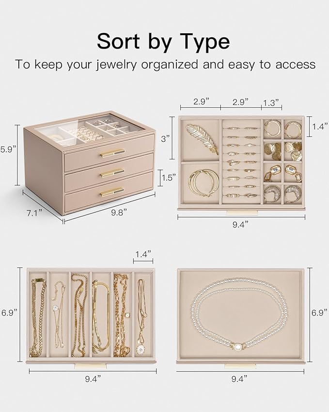 VLANDO 3 Layer Jewelry Box for Women, Mothers Day Gifts for Women, Glass Lid Jewelry Organizer with 3 Drawers for Necklaces Rings Earrings Bracelets - Toffee