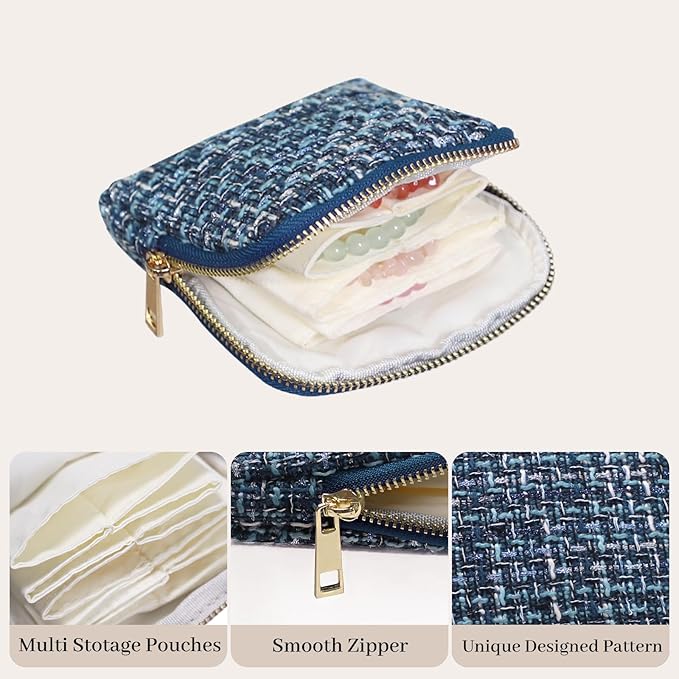 Stratalife Travel Jewelry Case - Portable Jewelry Pouches for Bracelets Necklace Rings, Healing Crystal Storage Bag Earring Organizer with Zipper Gift for Women, Navy Blue