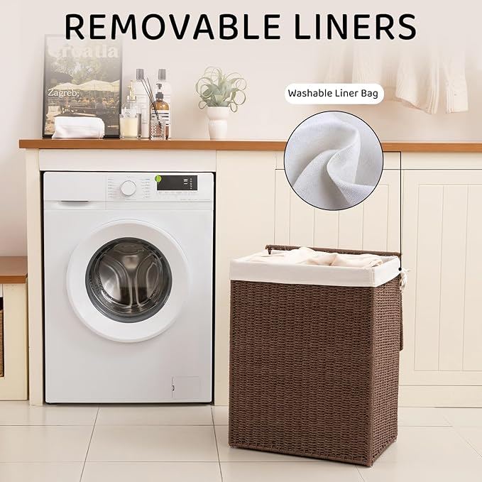 OIAHOMY Laundry Hamper with Lid, 90L(23.8 Gal) Large Wicker Laundry Basket for Bedroom, Handwoven Paper Rope Clothes Hamper with Washable Liner & Metal Frame, Decorative Organizer for Bathroom Brown