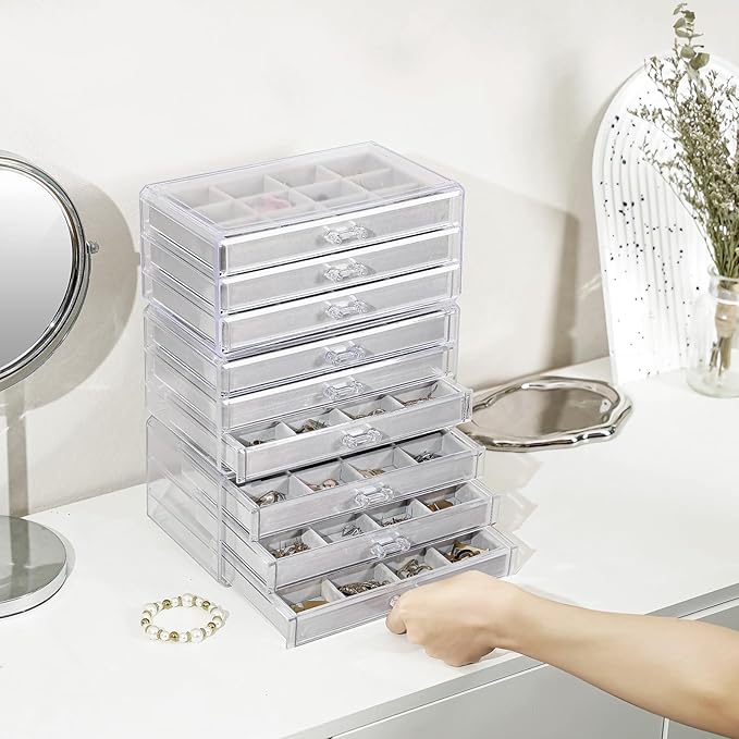 Lolalet Earring Holder Organizer Box Jewelry Storage with 9 Drawers, Clear Acrylic Stackable Earring Case with Adjustable Velvet Trays for Women on Dresser Vanity -Grey, 9 Layers