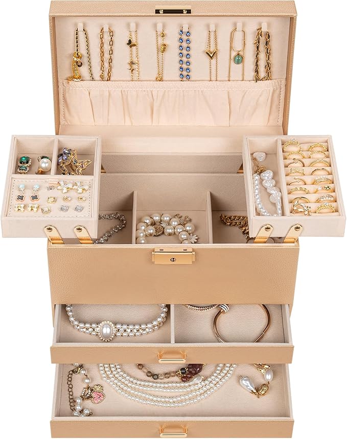 AKOZLIN Travel Jewelry Box Organizer Functional 2-trays Leather Jewelry Storage Case with Lockable Portable 2 Drawers for Women Girls Ring Necklace Earring Bracelet