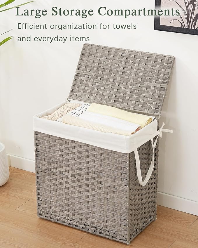 SETVSON Laundry Hamper with Lid Wicker Laundry Basket 112 L (29.6 Gal) Laundry Hampers Handwoven Rattan Clothes Hamper with Handles 3 Removable Liner Bag, 6 Mesh Bags for Bathroom Bedroom Gray