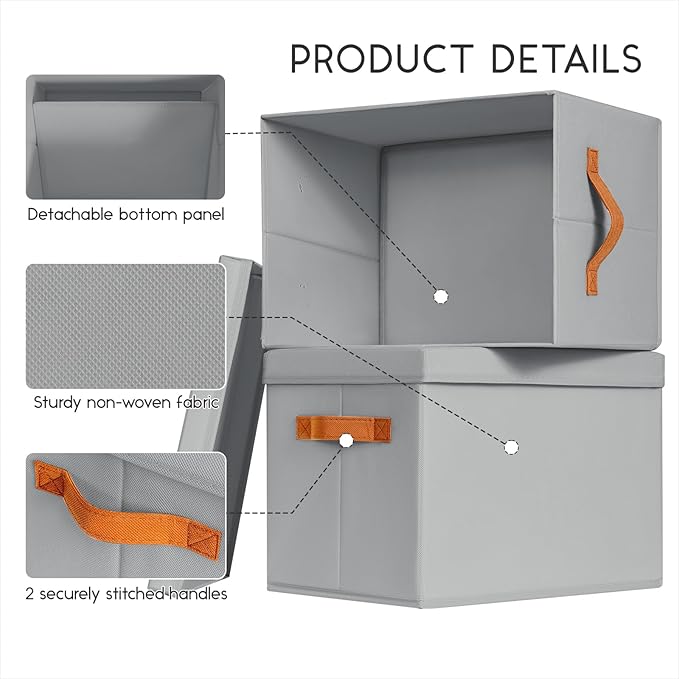 Homsorout Storage Bins with Lids - Large Fabric Closet Bins with Lid, 6 Pack Clothes Organizers and Storage, Collapsible Stackable Cube Basket for Home, Office, Dorm, Grey
