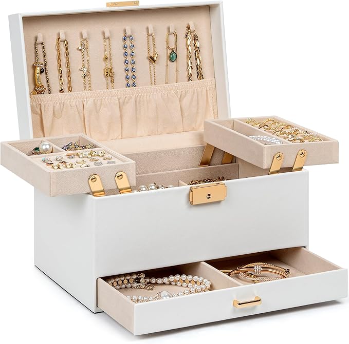 AKOZLIN Travel Jewelry Box Organizer Functional 2-trays Leather Jewelry Storage Case with Lockable Portable Drawer for Women Girls Ring Necklace Earring Bracelet